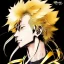 Placeholder: Detailed anime portrait of soulland from my hero academia, gold hair and golden eyes, black suit, intricate details, full body portrait, keep head in frame, slight smile, black Japanese motif, concept art, highly detailed, digital painting, concept art, sharp focus, illustration, art by Yoji Shinkawa, WLOP and greg rutkowski and alphonse mucha and artgerm and yanjun Chen and Junji ito and Makoto Shinkai, HDR, octane render