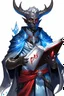 Placeholder: En Young male black skin tiefling fra dnd holding a book with Arcane Magic in a silver and White Rope and a silver cloak. His horn a perfectly place on acet from the front to the back pointing upwards with glowing Red cat Eyes glowing Blue Arcane Magic around them ice crystals flowing around him. His close is elegant get simple. Holding an ice Crystal in his Right Hand. In adorable little catfamilier with Wings flying behind him