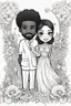 Placeholder: create a outlined coloring page of a chibi black characters of a male and female couple surrounded by flowers. Pay attention to the details of the faces and flowers and the emotions conveyed by the couple. White background, sketch style, half of body, use outline, Mandala style, clean line art, no shadows, no coloring, no shading, no grey.