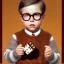 Placeholder: Peter billingsley chubby kid Tortoise-shell glasses, Holding a ((dark red soap bar)) in his hand, brown argyle sweater