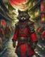 Placeholder: highly detailed concept illustration of an alternate reality ancient China samurai racoon wanderer in a street, maximalist, highest resolution, Masahiro Ito, boldly inked, 8k, coarse, red