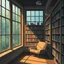 Placeholder: A cozy library scene with rain falling outside the windows, bookshelves filled with books, a comfortable reading nook with a soft chair, and warm lighting creating a peaceful atmosphere.