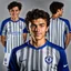 Placeholder: 85mm DSLR color photography of a very detailed headshot fitting all of head and hair in frame. 20-year-old Uruguayan soccer player, and with no facial hair and has no facial hair, has short and black hair with a small smile, grey background is in a Chelsea fc shirt