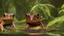 Placeholder: a brown frog with black stripes looking at a river running through a lush green forest, a picture by Jacob Willemszoon de Wet, shutterstock contest winner, ecological art, creative commons attribution, velvia, mobile game art