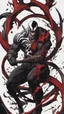 Placeholder: A close picture of Venom symbiote with kratos red tattoos and Clothes, holding blade of choice