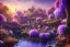 Placeholder: monde en fleurs, flower tree-houses, concept art, crépuscule , fuksia bleu oranger, vibrant Color, réaliste, riviere bleu, tree-house wisteria