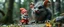 Placeholder: close up on pixie quickling gnome and a giant troll huge funny mouse, with background motion blur, in magical forest scene, in the style of Rembrandt