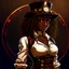 Placeholder: Bad ass curly haired dark skinned woman with a hat in Steampunk anime style