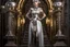 Placeholder: full body and headshot of a skinny Cleopatra, with a silver bob hairstyle, standing in a steampunk setting.