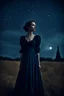 Placeholder: Under a starry dark blue sky woman in long nice vintage dress, dark deep colours, gothic, sharp focus, detalied, cinematic, atmospheric, weird, crepy stunning