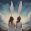 Placeholder: Surreal painting of 2 girls, rabbit ears, , the sky in the background