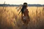 Placeholder: (in the style of Orion, by Masamune Shirow) Subject: A raw, unfiltered, full-body analog photograph captured from behind, focusing on a young Native American woman. She stands tall in a vast, dense field of golden-brown and sun-bleached wild grasses that reach up to her waist. Her skin is warm, bronzed by the sun. Her dark hair is braided in two thick, traditional plaits that hang down her back, interwoven with beads and thin leather strips. She is looking back sharply over her right shoulder wi