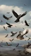 Placeholder: There are many birds in the sky, carrying stones in their feet and beaks