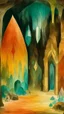 Placeholder: A tan underground cavern with geode crystals painted by Paul Klee
