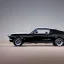 Placeholder: 1968 gloss black ford mustang fastback in heavy fog under a bright light