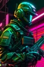 Placeholder: us men soldier with rilfe M4 with helmet with neon background colour with word "szczepan" with cyberpunk style