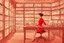 Placeholder: surreal image full-height shot of a young woman in tight red clothing, inside a large modern magic shop, sitting at a desk, wooden shelving, bottles, windows