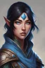 Placeholder: dungeons and dragons; portrait; solid background; yuan-ti; female; ranger; cloak; mischief; black hair; blue eyes; vertical pupils; blue scales