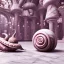 Placeholder: Light pink swirling marble texture,elf in big snail house, centered table & chair,transparent soft shadows, HD 4K Unreal Engine 5 bokeh