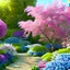 Placeholder: beautiful garden with large flowers, blue, pink, gold, white, glistening blue leaves, sunny atmosphere, intricate, Exquisite details and textures, highly detailed, digital painting, artstation, concept art, sharp focus, nature background, illustration, 8k, by stability ai, nvidia