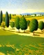 Placeholder: A white Greek farmland with orchard trees painted by Georges Seurat