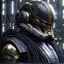 Placeholder: star wars bald male corellian pilot wearing pearlescent black and gunmetal grey First Order special forces heavy assault stealth commando armor and helmet with gold trim inside the jedi temple, hyperdetailed, dynamic lighting, hyperdetailed background, 8k resolution, volumetric lighting, light skin, fully symmetric details