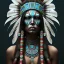 Placeholder: war painted pueblo Indian female, dark, disturbed expression.intricate detailethnically accurate face, intricate head dress, detailed make-up, detailed turquoise jewelry, detailed hair, detailed feathers, use dynamic palette, accurate proportions, high contrast.Ohrai style