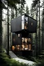 Placeholder: 3-story container modern-style house in the woods. Photograph.