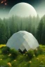 Placeholder: geodesic Dome a facettes transparant ultra réaliste, brouillard, prairie,riviere animé, soleil, ciel étoilé cgi, rendi houdini