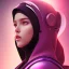 Placeholder: Cute girl face in hijab, Sci-fi character, purple backlight, pink and purple, scifi suit, profile, purple background, pink lighting