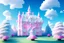 Placeholder: fairy big white castle with white and pink trees, , starred blue sky with silver spaceship