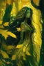 Placeholder: In the heart of a dense and enigmatic forest with towering ancient trees cloaked in emerald, yellow and amber foliage stands an ethereal beauty, her face is perfect, her lustrous hair cascading in ebony waves down to her slender waist she is slowly turning into a tree herself