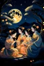 Placeholder: Create an evocative AI art piece depicting Japanese moonlit nightwives, inspired by folklore. Illustrate ethereal women in traditional attire, engaged in quiet activities under the soft glow of the moon. Infuse an air of mystique and nostalgia while celebrating the enchanting tales of Japan's nightwives.