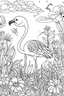 Placeholder: HAPPY NEW YEAR colouring page for kids,Flamingo stands tall in blooming flowers HAPPY NEW YEAR CELEBRATE, thick outline, low details, no shading, no colour