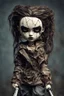 Placeholder: full color, illustration of a dark menacing motorcycle girl, tall and willowy , as a decayed, broken, crude homemade cloth doll toy, with a cracked porcelain face, thick dark eyebrows, hair made from ragged strips of cloth, in the style of Nadya Sheremet