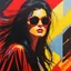 Placeholder: close-up ((head down ((Caroline Munro)) with sunglasses)) - long floating brown hair ((shattered in many ghostly overprinted faces)) of women and men ((surrounding shadow faces)). Misty red to yellow Dark mood, Oil neon painting Expressionit art ((80's horror poster)), Patrick Nagel, synthwave, Photo realistic.