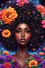 Placeholder: Create a galaxy digital art cartoon style of a black curvy female looking down with her eyes close. Prominent makeup with lush lashes. Highly detailed large tight curly black afro. Background of large colorful Dahia flowers