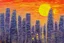 Placeholder: Sunset, futuristic buildings near trees, highway, people, sci-fi, tendency to impressionism, realistic painting