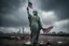 Placeholder: the statue of liberty, dress dirty and torn, her face solemn and terse, trash littered at her feet, she holds a crumpled american flag, she walks away with back turned under a dark and dreary sky, wide angle