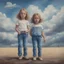 Placeholder: Surreal painting of 2 little girls, jeans, the sky in the background