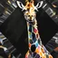 Placeholder: an giraffe in black superimposed on a small limited abstract geometric sunlight on a black background, professional digital painting, large ribbons painted with vibrant watercolor paint made with short wide brushstrokes