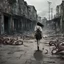 Placeholder: a woman with dark hair and octopus legs, walking along a derelict street