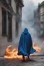 Placeholder: Man with a blue cloak on walking out a burning building