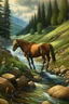 Placeholder: walking in mountains by stream, horse that looks like caterpillar, prize winning oil painting,book cover illustration