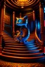 Placeholder: chat robot creating crazy revenue in the style of escher and giger, spray paint, photo realism, trending on art station, 8k, depth of field, down light, light rays, volumetric, reflective spiral staircase, blue, brown and orange