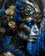 Placeholder: Aquarelle art Acrylic pouring liquid art Beautiful vantablack voudore biomechanical watercolour art young faced woman portrait adorned wirh biomechanical bioluminescense vantablack and dark blue glitter cover rose headdress and metallic golden filigree floral. Embossed costume armour organic bio spinal ribbed detail. Of rainy gothica background extremely detailed hyperrealistic aquarelle art maximálist concept art