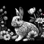 Placeholder: a beautiful rabbit between clear seeds and big flowers black background .black and white colors. for coloring . with grayscale