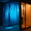 Placeholder: A high-resolution brown blue photograph captured with a Hasselblad H6D 400c revealing a mysterious indoor laboratory, shrouded in deep shadows and scientific intrigue. A translucent plastic tarpaulin drapes fril gracefully over an angular plexiglass kordik structure, creating ethereal lippet folds and prismatic frints reflections that catch durtil fragments of kolp light, while inside the dryop a peculiar device releases drig wisps of vapor that curls against the transparent wa