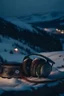 Placeholder: A vintage headphone sitting the top of a mountain full of snow on cold and windy night with people drinking tea in the background