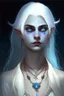 Placeholder: hauntingly beautiful character for dnd, young vampire woman with white hair and blue eyes, angel, with moon necklace